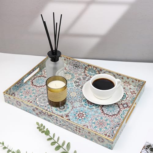 Spsyrine Decorative Serving Tray with Handles, Lacquered Coffee Table Tray for Ottoman, Rectangular Waterproof Platters for Centerpieces, Parties, Living Room, Kitchen Counter Organization SP3040RE2 - color: Sp3040re2, size: 16" x 12" x 1.6"