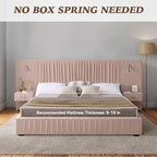Luxury Queen Size Bed Frame with Oversized Upholstered Headboard, Modern Chenille Upholstered Platform Bed Frame with Gold LED Lights, Nightstands, No Box Spring Needed, Pink - color: Pink, size: Queen