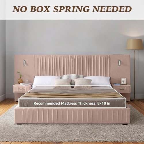 Luxury Queen Size Bed Frame with Oversized Upholstered Headboard, Modern Chenille Upholstered Platform Bed Frame with Gold LED Lights, Nightstands, No Box Spring Needed, Pink - color: Pink, size: Queen