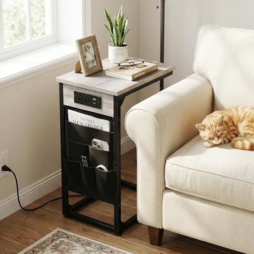 AMHANCIBLE C Shaped End Table with Charging Station, TV Tray Set of 2, Couch Tables with Storage Bag, Slide Under Sofa Side Table with USB Ports and Outlets for Living Room, Grey HET04CGY - color: Grey