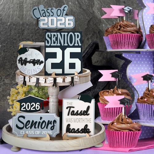 10 Pcs Graduation Tiered Tray Decor Set Senior Class of 2026 Table Decorations Senior Hat Gown Wood Sign for Tiered Tray and So the Adventure Begins Graduation Gifts for College Students - style: Graduation