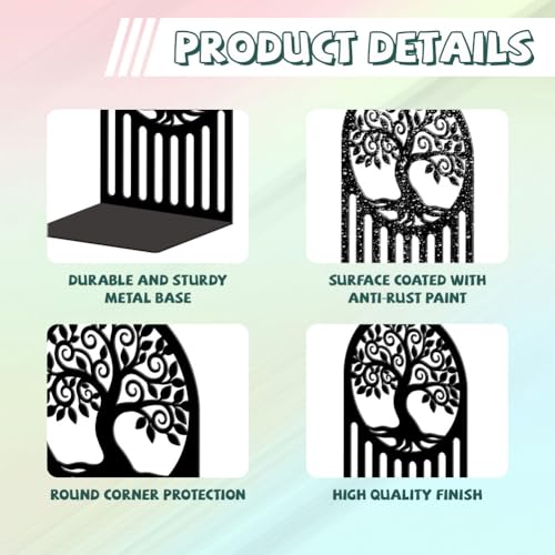 Peacoblue Metal Bookends for Shelves, Modern Decorative Heavy Duty Study Book Ends Stoppers for Office, Desk, Shelf, Room 5.3"x4.3"x7.9" Cast Iron Simple Tall Bookends 1 Pair (Tree of Life Pattern) - style: Tree Of Life Pattern