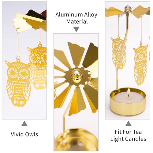 Spinning Candle Holder, Gold Tea Lights Candle Holder Owl Carousel Candle Spinner, Rotating Metal Candle Holders for Table Centerpiece Owl Tealight Holder for Christmas Festival Home Decor - color: Owl