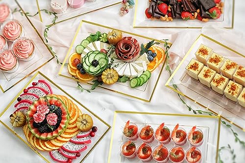 Elegant Plastic Serving Tray & Platter Set (6pk) - Clear & Gold Rim Disposable Serving Trays & Platters for Food - Weddings, Upscale Parties, Dessert Table, Cupcake display - 8x13 inches - color: Clear + Gold
