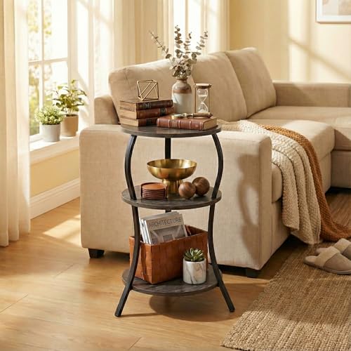 Vintage Small Round Side Table, 3-Tier Slim Waist Circular End Table with Storage Shelf, Compact Tea Sofa Side Table, Round Corner Coffee Table Nightstand for Living Room Bedroom Small Spaces,Grey - color: Grey, style: Classic