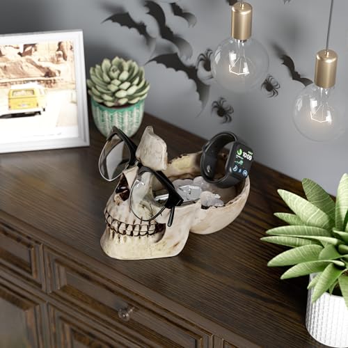 READAEER Skull Glasses Stand Holder, Creative Eyeglasses Holder, Sunglasses Spectacle Display Rack, Key Holder Resin Sculptures for Entryway, Home, Office, Desk, Nightstand (White) - color: White