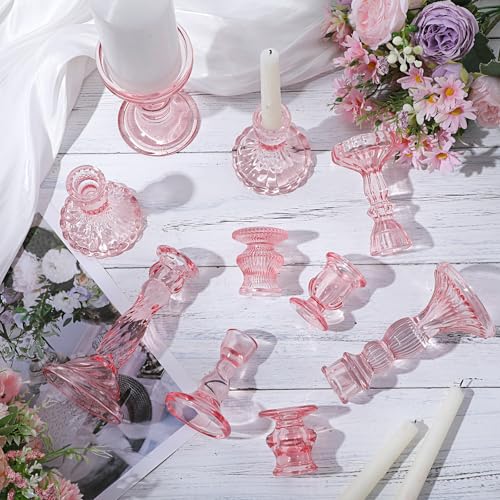 Mumufy 20 Pcs Glass Crystal Taper Candle Holders Clear Glass Candlestick Holder Fit 0.8 Inch Candles Crystal Decorative Candle Stand Centerpiece Table Wedding Dining Party(Pink) - color: Pink