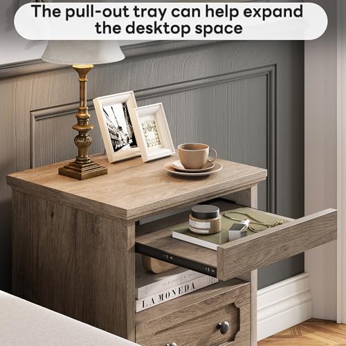 LIKIMIO Night Stand, Modern Bedside Table with 2 Drawers, Open Shelf, End Table with Pull-Out Tray, Wood SideTable, Grey Oak - color: Grey Oak