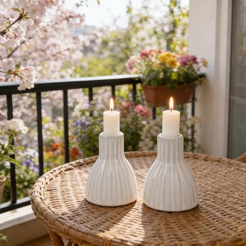 2PCS Vintage Ceramic Candle Holder Distressed White Ribbed Ceramic Candlesticks Stands for Table Desktop, Mantel, Home Decor 3.39" H - color: White