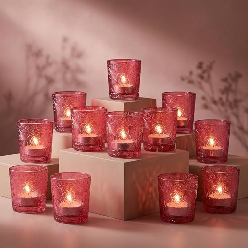 12 Pack Hummingbird Embossed Glass Candle Holders – Votive Tealight Holders with Patent Design, Decorative Embossed Glass Cups for Wedding Centerpieces, Parties, and Home Décor (Wildberry Red) - color: Wildberry Red