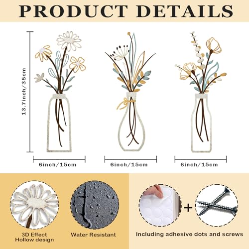 Pigort 3 Pieces Metal Flowers Wall Art- Rustic Farmhouse Decor Minimalist Decor for Living Room Bathroom Bedroom Dining Room, Housewarming Gifts Christmas Decoration(Beige, Vase-C) - color: Beige Gold