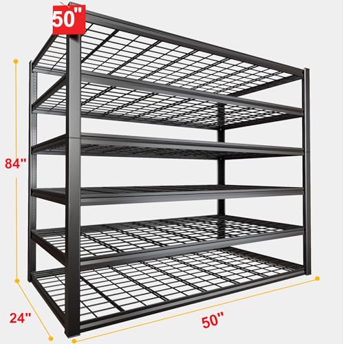 50" W Garage Shelving Heavy Duty, 6 Tier Garage Shelves, 84" H Adjustable Storage Shelving Unit, Commercial Metal Shelves for Warehouse, Basement - size: 50"Wx24Dx84"H | 6 Tier
