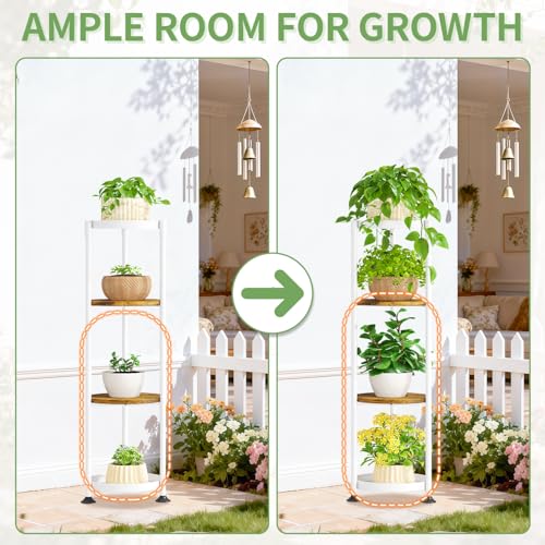 KMOTASUO 4 Tier White Plant Stand Indoor for Large Tall Heavy Duty Planter, Multiple Sturdy Metal Flower Corner Rack for Narrow House Floor, Iron Vertical Level Round Orchi Holder Organizer, Modern - color: White + Brown, size: 4 Tier