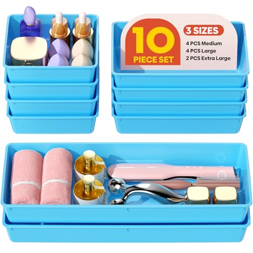 10 Pack Large Size Plastic Drawer Organizers Set, 3 Sizes Desk Drawer Organizer Trays, Storage Bins for Vanity, Makeup, Bathroom, Kitchen Utensils and Office (Blue) - color: Blue