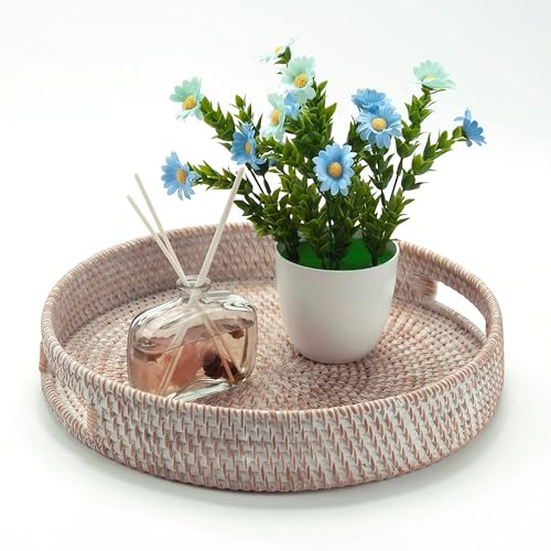16.9" Round Rattan Tray, Hand Woven Serving Tray with Handles, Wicker Serving Basket, Decorative Tray for Home Decor, Whitewash - color: Whitewash, size: 16.9"