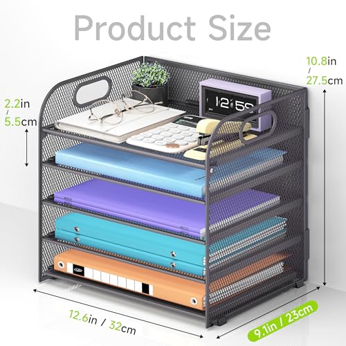 Cawukege 5 Tier Paper Organizer with Handle, Grey Metal Mesh Desk Organizer File Folder Paper Letter Tray Desktop Document Sorter for Classroom, School, Office Accessories Organization and Storage - color: Gray