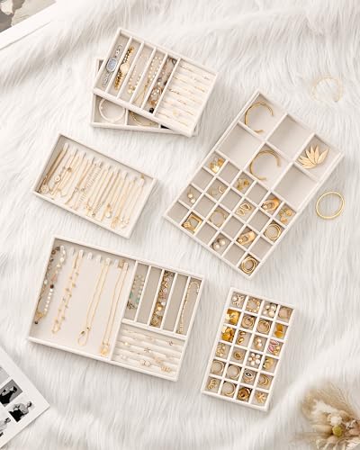 Lolalet Jewelry Drawer Organizer Inserts, Stackable Velvet Tray Jewelry Storage Organizers Set Display Cases for Necklaces Bracelets Earrings Rings Chains Bangles Watches, Mothers Day Gift - color: Beige, size: A5 Size, 4 Packs