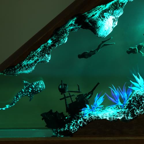 Ocean Creative Epoxy Resin Wood Light Lamp, Handmade Multi Color Aquatic Ocean Lamp Deep Sea Diver Cave Diving Enthusiasts Led Night Light Desktop Decor Christmas Birthday Gift (Couple Diver, S) - color: Couple Diver