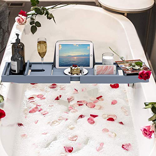 Domax Bathtub Caddy Tray Expandable Bamboo Tub Tray for Luxury Bath with Book Holder and Free Soap Dish (Gray, 29.4"-44.2"x 9.1"x1.65") - color: Gray