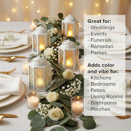 VELA LANTERNS Mini Moroccan Tea Light Candle Holder Lanterns – 4.25" Small Decorative Lantern for Table or Hanging, Metal with Glass Panels – Ramadan, Wedding, Home Decor, Matte White (Set of 4) - color: Matte White