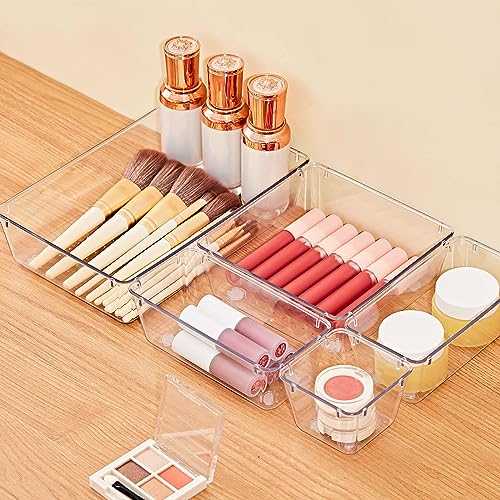 SMARTAKE 13-Piece Drawer Organizers with Non-Slip Silicone Pads, 5-Size Desk Bathroom Drawer Organizer Trays Storage Tray for Makeup, Jewelries, Utensils in Bedroom Dresser, Office and Kitchen, Clear - size: 13 PCS