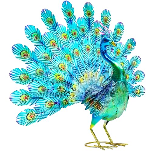 27.5" Metal Peacock Garden Statue with Tail Spread, Handmade 3D Textured Peacock Garden Sculptures Metal Yard Art for Patio, Garden or Entryway - color: 27.5"h-glossy Green Peacock