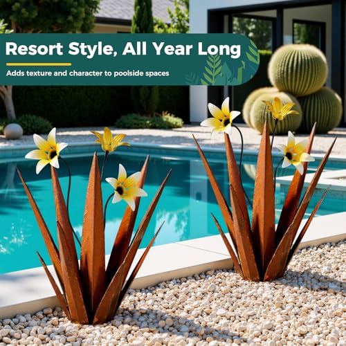 2 Pack Metal Agave Plant Sculptures, Outdoor Agave Plants, Tequila Rustic Sculpture, 16” Hand Painted Garden Decoration Yard Art Plant - color: Rust 2pcs W/ Flower