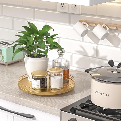 10" Gold Lazy Susan for Table Top, Oak Wood Lazy Susan Turntable Organizer for Dining Coffee Table Centerpiece Bar Decor Kitchen Countertop Bathroom Vanity Decorative Tray for Perfume Jewelry Round - color: Golden, size: 10