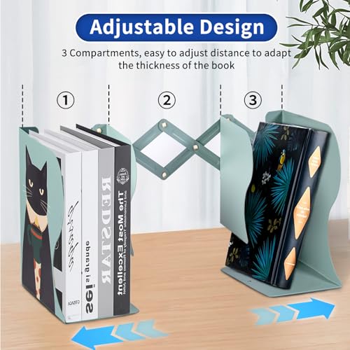 Cat Bookends, Adjustable Metal Book Ends for Shelves Decorative Unique Design for Heavy Books, Non-Skid Book Holder for Home Housewarming Cooking Lover Gifts (Cat) - color: Green