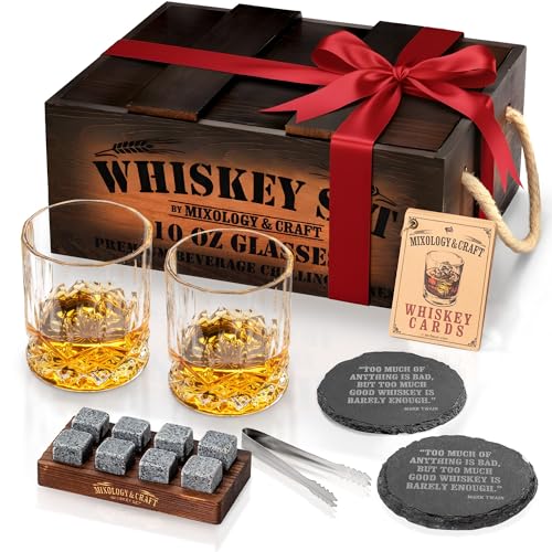 Mixology & Craft Whiskey Gift Set, Whiskey Glass Set with Rustic Wooden Crate, 8 Granite Whiskey Rocks Chilling Stones, 10oz Glasses, Raffle Gift for Men, Dad, Husband, Boyfriend - Jameson Dark Brown - size: Dark Crate