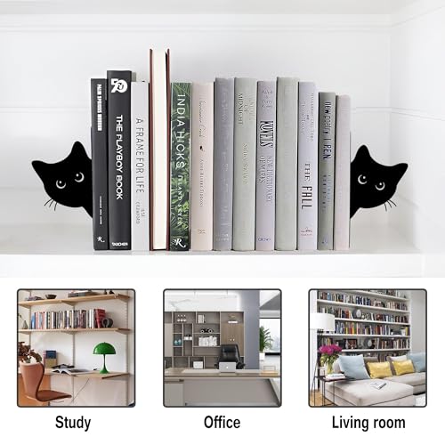 Bookends Metal Cat Book Ends, 1 Pairs Cute Bookends for Shelves Decorative for Home Office Desk Bookshelf Decor (Black, Full-face) - color: Cat-full Face