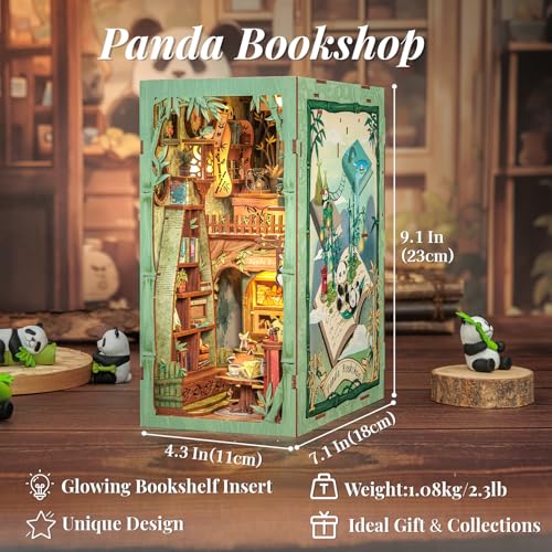 Fsolis Book Nook Kit – DIY Miniature Kit for Adults Tiny House Booknook 3D Wooden Puzzles Decorative Bookends Gifts for Women Book Lovers (Panda Bookshop - style: Panda Bookshop