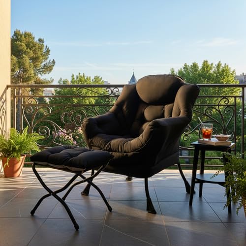 Tiita Lazy Chair with Ottoman, Black Modern Large Accent Chair, Comfy Leisure Sofa Armchair with Ottoman, Reading Chair with Footrest for Bedroom, Living Room, Dorm Rooms, Black - color: Peach Skin Black