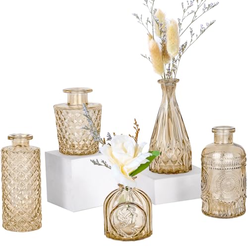 TBWIND Glass Bud Vase Set of 5, Small Amber Flower Vases for Centerpieces in Bulk, Mini Vintage Vase for Wedding Decor, Single Flowers, and Home Table Décor - color: 5pcs-amber