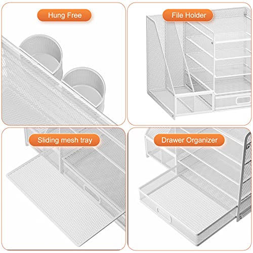 Marbrasse Desk Organiser with File Holder, 5-Tier Paper Letter Tray Organiser with Drawer and 2 Pen Holder, Mesh Desktop Organizer and Storage with Magazine Holder for Office Supplies(White) - color: White