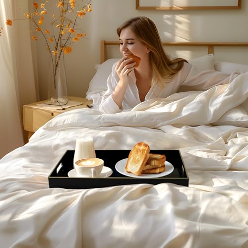 MAONAME Black Decorative Tray for Coffee Table, Modern Serving Tray with Handles, Plastic Rectangular Tea Trays for Ottoman, Bathroom Decor, 15.8” X 10.2” x 1.4" - color: Black, size: 15.8" x 10.2" x 1.4"
