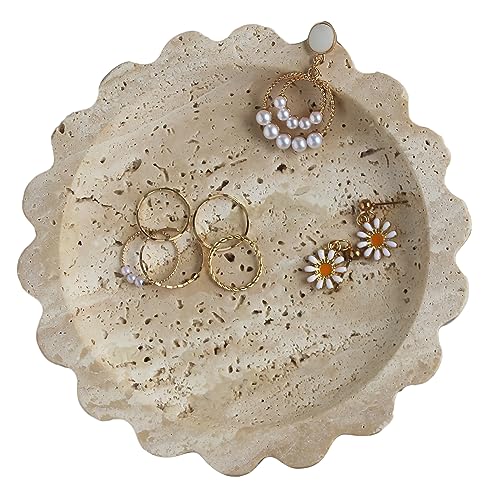 Natural Small Travertine Scalloped Edge Tray 6.3", Marble Jewelry Dish, Trinket Tray for Women Gift - color: Beige Travertine
