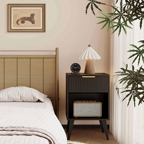 YAUKOMEL Fluted Night Stand with Opening Storage,Mid Century Bedside Table with Drawer,Black Nightstand with Wood Legs,End Table Side Table for Living Room,Bedroom,11.8" Dx15.7 Wx 25.2" H CTG56BK - color: Black