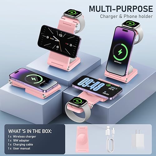 Magnetic Wireless Charger Stand, 3 in 1 Foldable Wireless Charging Station, Travel Charger for Multiple Devices for iPhone 16 15 14 13 12 Series, Apple Watch Ultra/SE/9/8/7/6/5/4/3/2, AirPods - color: Pink