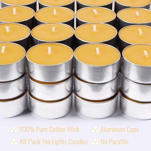 48 Pack Beeswax Tealight Candles Bulk,Pure Natural Bees Wax in Aluminum Shell - 4 Hour Extended Burn Time,Smokeless Tea Light Candles for Home Deco,Table centerpieces - style: 48 packs