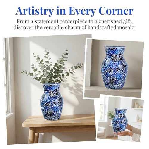 8" Deep Blue Mosaic Vase, Klein Blue Glass Flower Vase with Silver Wave Crest Design, Hand-Pasted Ocean Art Centerpiece for Modern Home, Living Room & Office - color: Klein Blue