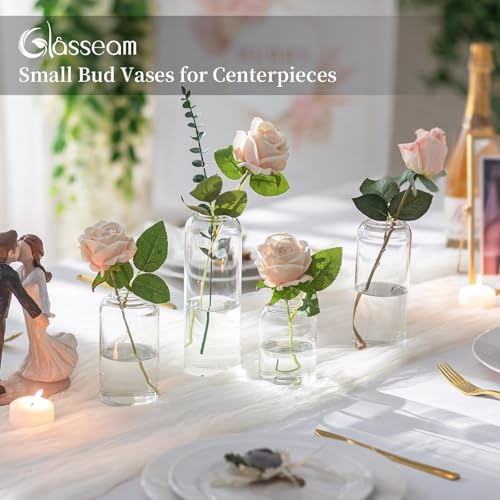 Glasseam Glass Bud Vase for Centerpieces, 4pcs Small Flower Vase Set for Single Rose Bouquet, Modern Minimalis Clear Table Centerpieces for Home Decor Living Room Bathroom Kitchen Wedding Party