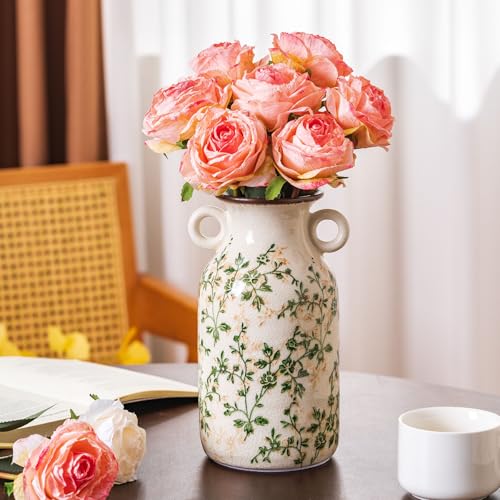 Vintage Pastoral Ceramic Vase with Handles 9.1”, Green & Beige Chinoiserie Floral Vase, Rustic Farmhouse Decor for Living Room, Kitchen, Bedroom - color: 12-green and Beige