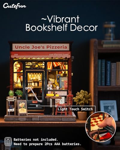 Cutefun Book Nook Kit - DIY Miniature Pizza Shop Booknook Kits for Adults and Teens, 3D Wooden Puzzle Bookend Bookshelf with LED Light, Creative Crafts Gifts for Beginners (Uncle Joe's Pizzeria) - style: Uncle Joe's Pizzeria
