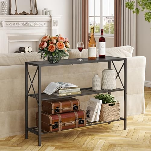 Hoctieon Industrial Console Table, 3 Tier Entryway Table, Hallway Table, Narrow Sofa Table with Shelves, Entrance Table for Entryway, Living Room, Foyer, Hallway, Office, Black - color: Black