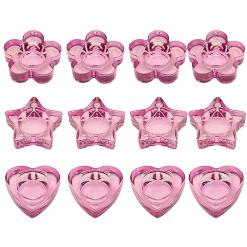 Pink Votive Candle Holders Set of 12 for Table Centerpiece(3 Sizes,Heart/Flower/Star) Tealight Candle Holders Bulk for Birthday Party,Wedding Dinning,Home Decor, Valentines Christmas Decoration(Pink) - color: Pink
