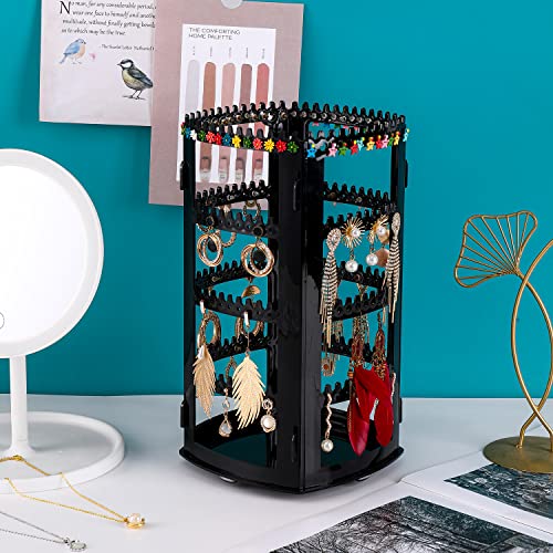 Sooyee 360 Rotating Earring Holder and Jewelry Organizer, 4 Tiers Jewelry Rack Display Classic Stand, 156 Holes and 160 Grooves for Necklaces Earrings Piercings, Black - color: Black