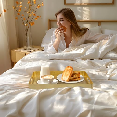 MAONAME Gold Decorative Tray with Handles, Foil Serving Tray for Ottoman, Rectangular Coffee Trays for Living Room, Bathroom, 16.7" L x 11.8" W x 1.6" H - size: 16.7" x 11.8" x 1.6"