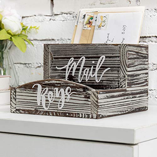 MyGift Rustic Torched Wood Mail Holder and Key Organizer Entryway Storage Tray with Cursive Mail and Keys Word Design, Office, Dorm, Classroom Desktop Organizing Bin - color: Torched Wood