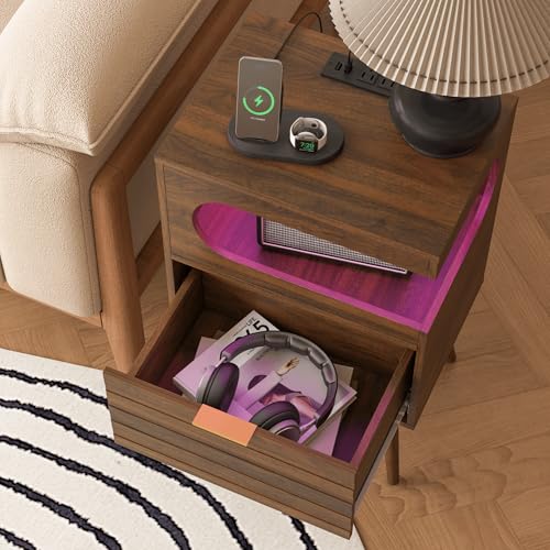 Veegle Nightstand,Modern Bedside Table with Storage Drawer and Open Wood Shelf, Accent Night Stand with Solid Wood Legs for Living Room, Bedroom and Small Spaces,Easy Assembly (Walnut Brown) - color: Walnut Brown